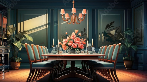 Dining Room background flat design front view elegant formal theme animation Tetradic color scheme