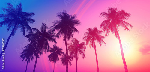 colorful gradient sky with palm tree silhouettes for peaceful designs © Klay