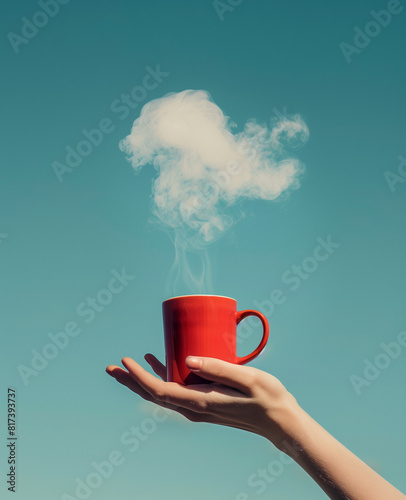A cup of tea with steam that looks like a cloud  against a blue sky background.Minimal creative drink nature and environment concept