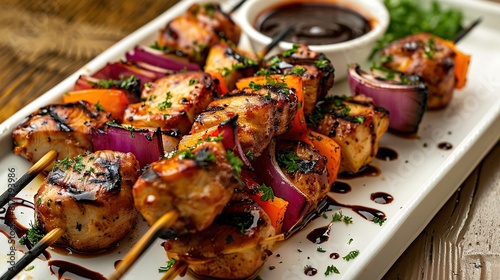 Plated chicken kebab with dipping sauces