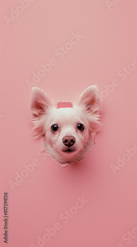 Pink background with a dog's head protruding through, like it's peeking through a hole.Minimal creative interior and nature concept. © sunaiart