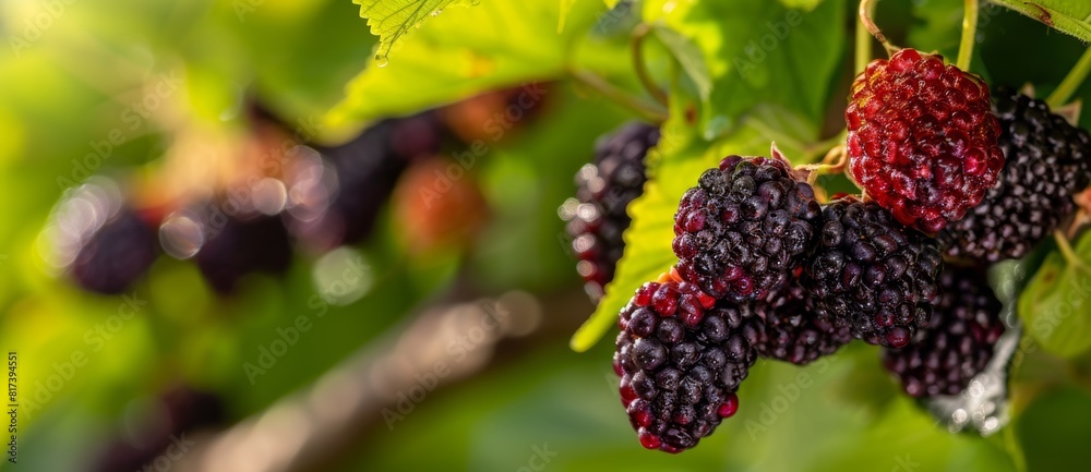 Juicy Mulberries on Green Leaves