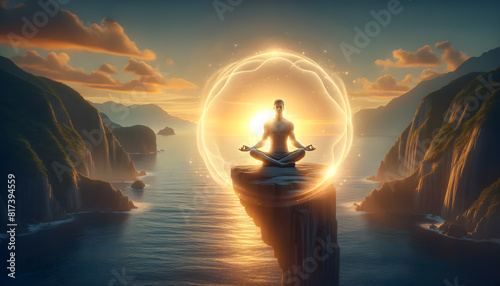 a peaceful scene of meditation on a serene beach at sunrise. The calm ocean  gentle waves  clear sky with warm dawn colors  and distant mountains create a tranquil and radiant atmosphere. 