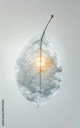 Gray Leaf with a silhouette of the sun.Minimal creative nature concept.