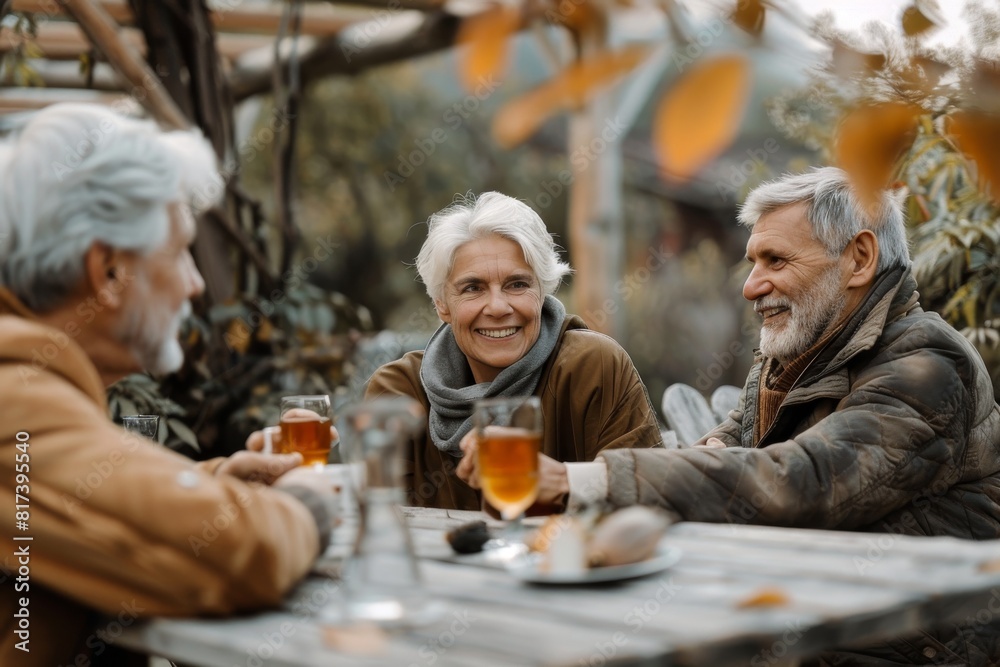Cheerful senior couple sitting at the table and drinking tea outdoors