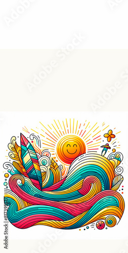 Hand drawn vector abstract colorful summer doodle background with waves and sun