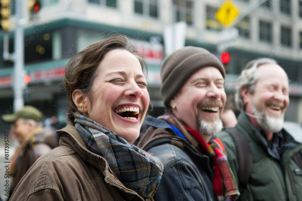Portrait of happy senior couple walking in the city street and laughing Portrait of happy senior couple walking in the city street and laughing