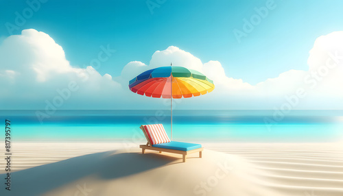 a vibrant beach umbrella with multiple colors  a lounge chair with a colorful cushion  and a glass of fruit smoothie on a small side table on a pristine sandy beach.a vibrant beach umbrella with multi
