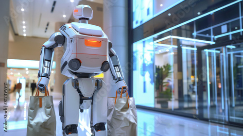 Bag-lifting robot aiding in grocery bag transportation for home delivery services photo
