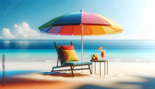 a vibrant beach umbrella with multiple colors, a lounge chair with a colorful cushion, and a glass of fruit smoothie on a small side table on a pristine sandy beach.a vibrant beach umbrella with multi