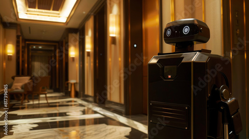 Bag-lifting robot assisting in luggage handling at a luxury hotel