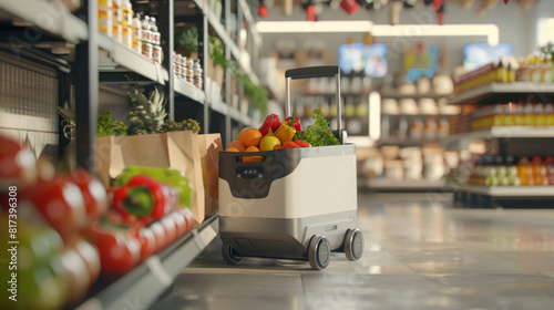 Bag-lifting robot assisting in the handling of shopping bags for a grocery delivery service