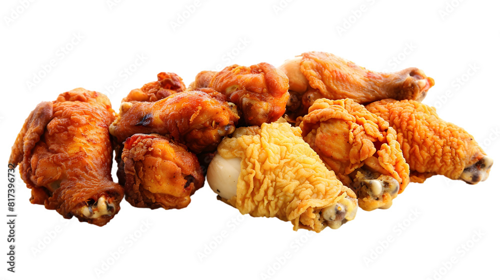 Crispy fried chicken wings, drumsticks, and tenders arranged neatly, transparent background Crispy fried chicken wings, drumsticks, and tenders arranged neatly, transparent background