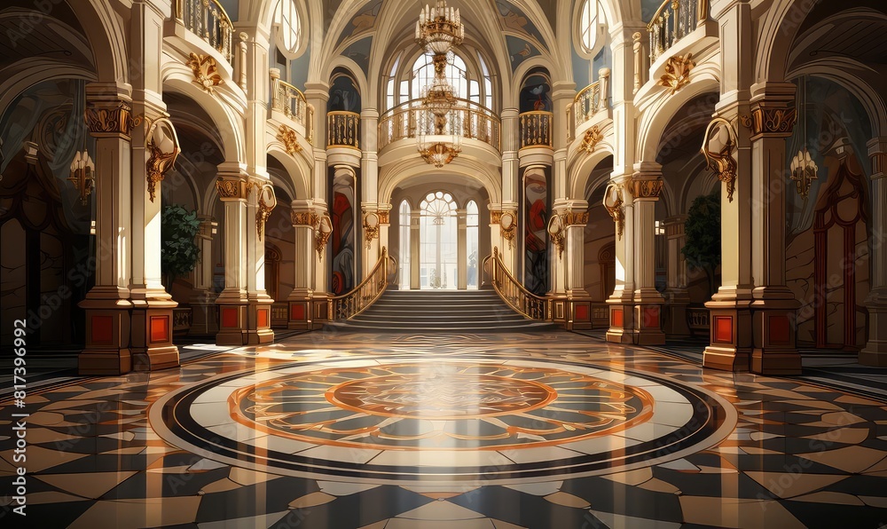 Obraz premium Foyer background flat design side view luxurious ornate hall theme animation Tetradic color scheme
