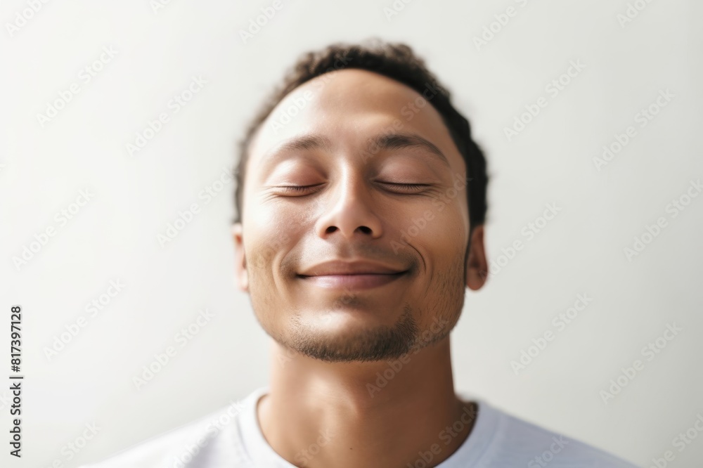 smiling man with eyes closed against white wall smiling man with eyes closed against white wall