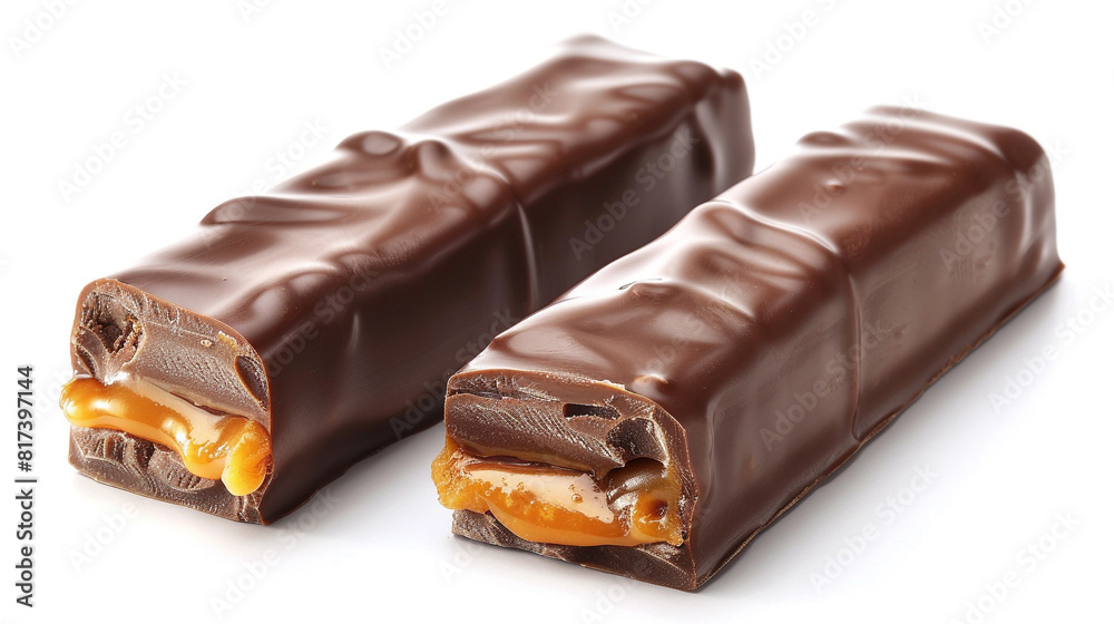 Two chocolate bars with caramel fillings filling cut in half Two chocolate bars with caramel fillings filling cut in half