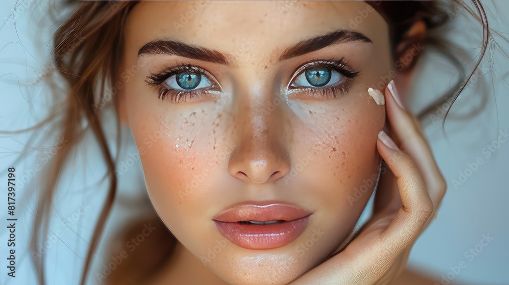 Close up portrait of beauty model with natural make up and touching her face Close up portrait of beauty model with natural make up and touching her face