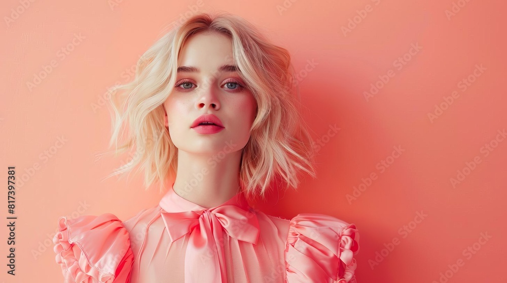 elegant blonde woman in peach fuzz coquette style outfit with bow feminine fashion portrait elegant blonde woman in peach fuzz coquette style outfit with bow feminine fashion portrait