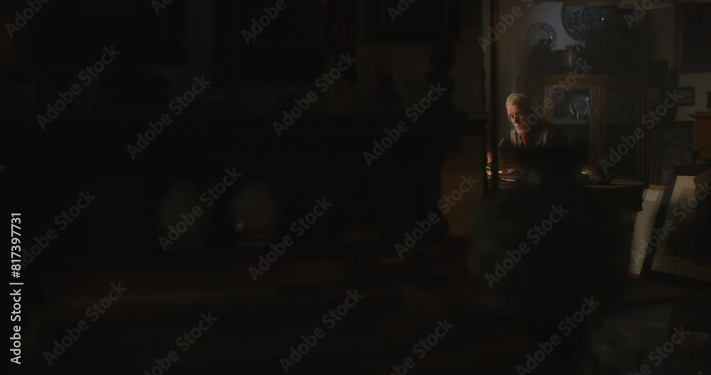 Wise old man working at an antique store at night. Wise old man working at an antique store at night.