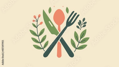 Flat style illustration of a vegan icon with a fork and knife crossed behind it, accompanied by a leaf photo