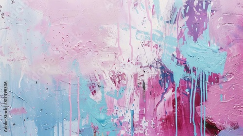 abstract painted wall with messy brushstrokes and drips in pink purple and blue