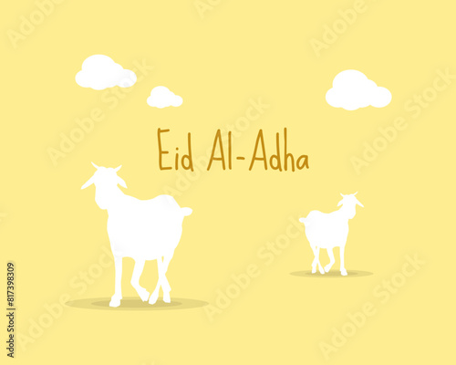 Eid al-Adha Mubarak  celebration of Muslim community, Festival Eid Al Adha Greeting card, poster with sacrificial sheep and crescent moon cream brown background. Vector illustration.
