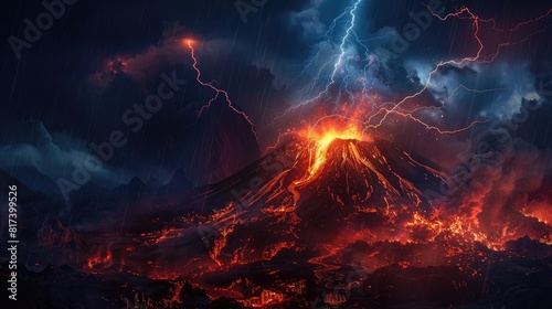 Volcano during a thunderstorm, with lightning striking near the erupting crater, adding a dramatic and chaotic element to the scene realistic