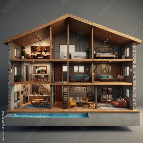 Modern home cross section  3d rendering minimalist © De Lune Studio