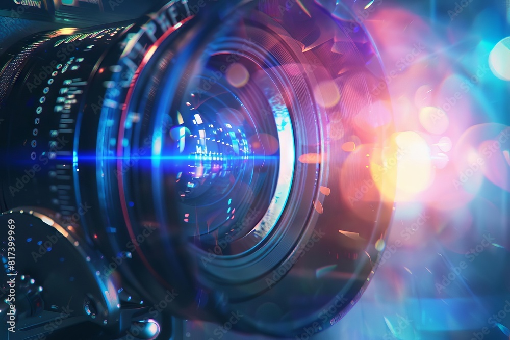 closeup of professional video camera lens with lens flare filmmaking and videography concept digital painting