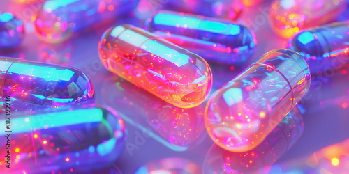 MDMA capsules glow with iridescent hope, promising euphoric release.