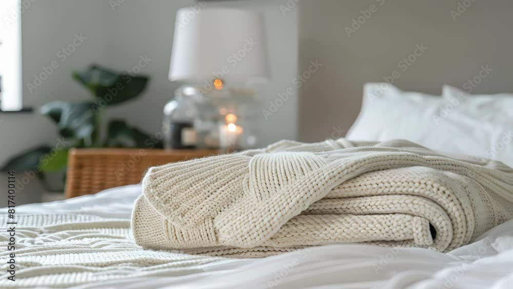 A stunning knit blanket made with designer yarns folded neatly on a bed adding a touch of sophistication to the room. A stunning knit blanket made with designer yarns folded neatly on a bed adding a touch of sophistication to the room.