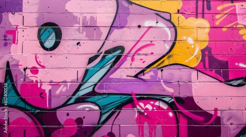 colorful abstract graffiti on old city street wall with pink and purple paint drips flows and sprays