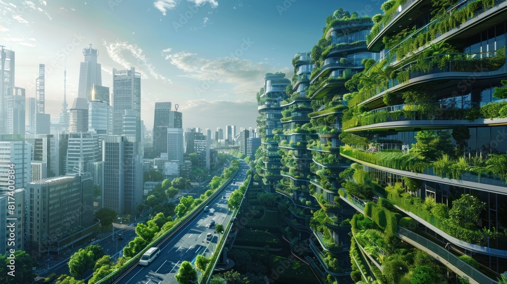 Fototapeta premium A futuristic city skyline with integrated green spaces and electric vehicles, showcasing a vision of urban sustainability and carbon-neutral living.