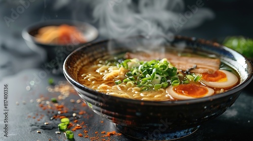 Miso Ramen Asian noodles with egg, enoki and pak choi cabbage in bowl on dark concrete background photo