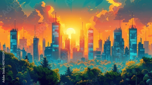 The scene emphasizes the integration of clean energy solutions into modern cityscapes.