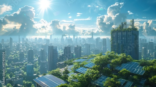 A futuristic city skyline with integrated green spaces and electric vehicles, showcasing a vision of urban sustainability and carbon-neutral living. 