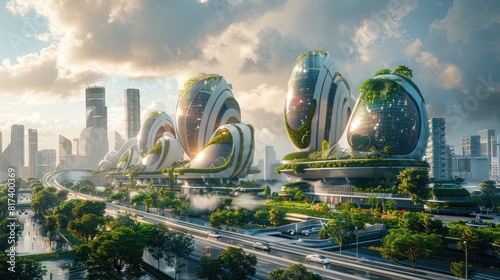 A futuristic city skyline with integrated green spaces and electric vehicles, showcasing a vision of urban sustainability and carbon-neutral living. photo