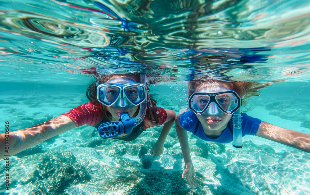 Naklejka premium Underwater Bonding: A Family Snorkeling Adventure in Tropical Waters