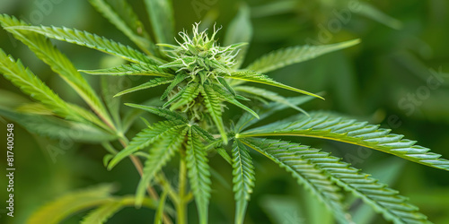 A marijuana bud unfurls its leaves  radiating a soothing green hue.