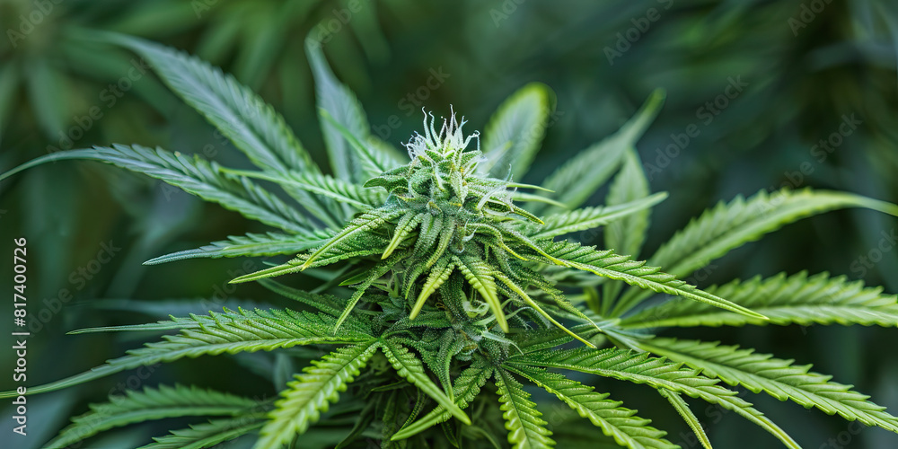 A marijuana bud unfurls its leaves, radiating a soothing green hue. A marijuana bud unfurls its leaves, radiating a soothing green hue.