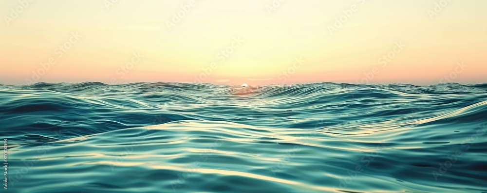 Obraz premium Calm ocean waves at sunset with a clear sky above. The serene water reflects the soft pastel hues of the setting sun, creating a peaceful and tranquil seascape.