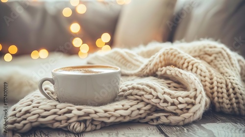 cozy home interior with knitted blanket and cup of hot cocoa hygge lifestyle concept photo