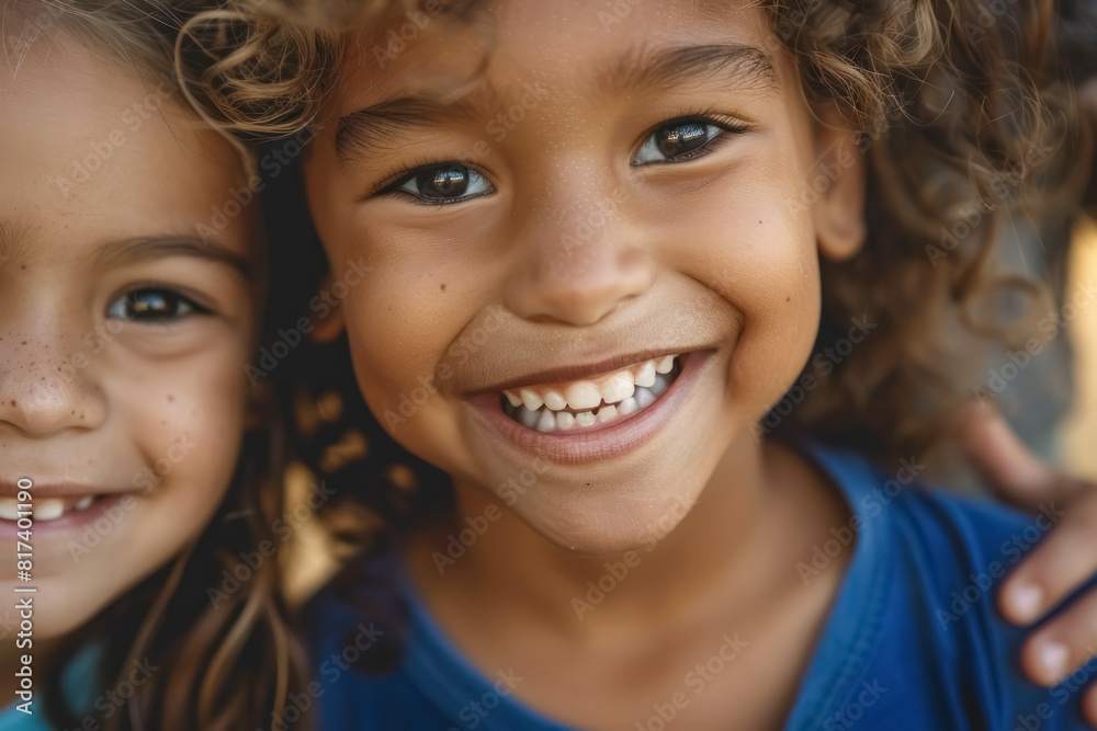 joyful close-up of two smiling children with curly hair and sparkling eyes joyful close-up of two smiling children with curly hair and sparkling eyes