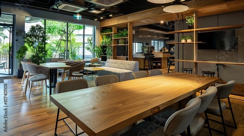 cozy relaxation lounge and cafe area in coworking space empty wooden table with chairs photo