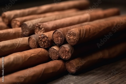 Close-up of a stack of cigars neatly arranged on a wooden surface, highlighting texture and detail. Tobacco production and cultivation photo