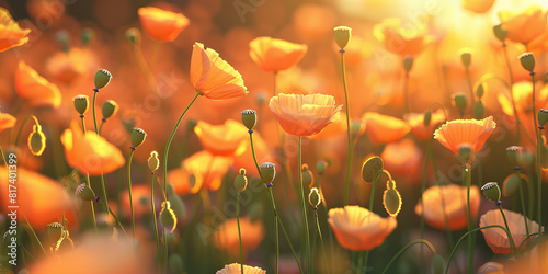 A mesmerizing array of opium poppies sway gently in the breeze, their petals glistening with a golden hue