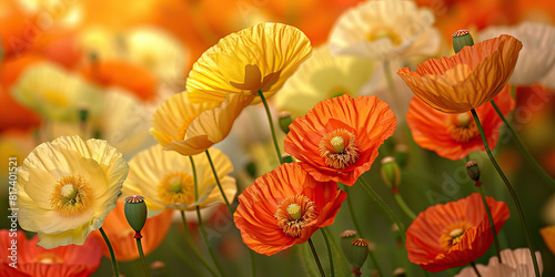A mesmerizing array of opium poppies sway gently in the breeze, their petals glistening with a golden hue