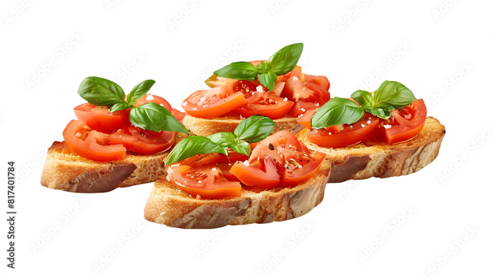  Fresh tomato bruschetta with basil, olive oil, and sea salt on toasted bread slices, transparent background