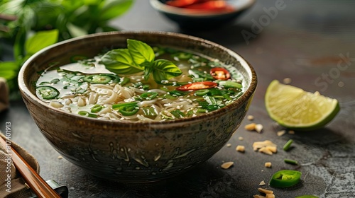 delicious bowl of vietnamese pho with fresh herbs and lime traditional asian soup