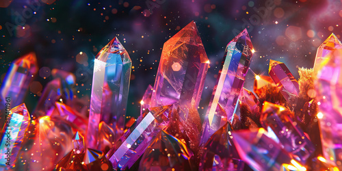 Ecstasy-like crystals glimmer against a dark background, reflecting vibrant hues photo